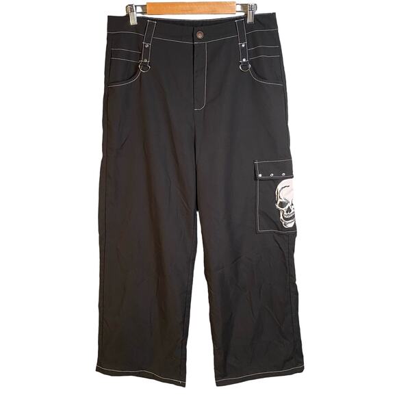 Skull Cargo Pants Black Contrast Stitching Wide Leg Cropped Trousers Size XXL - Picture 1 of 16